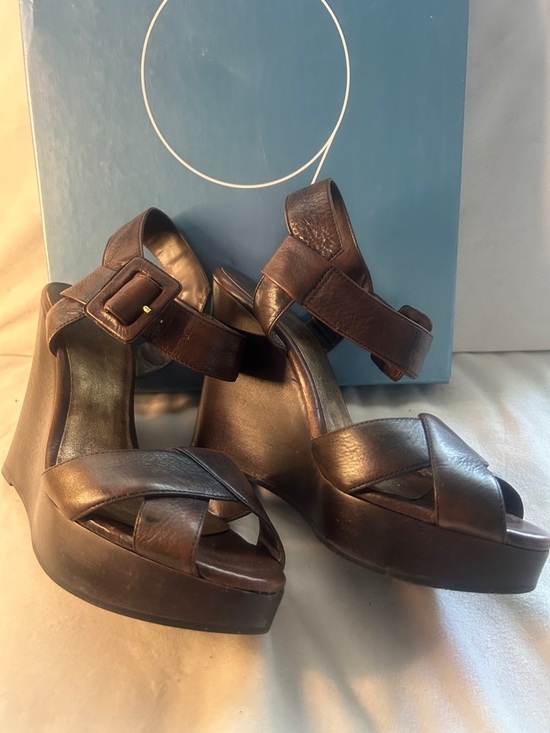 Nine West Shoes - Nine West Brown Leather Platform Wedge Sandals with Ankle Buckle